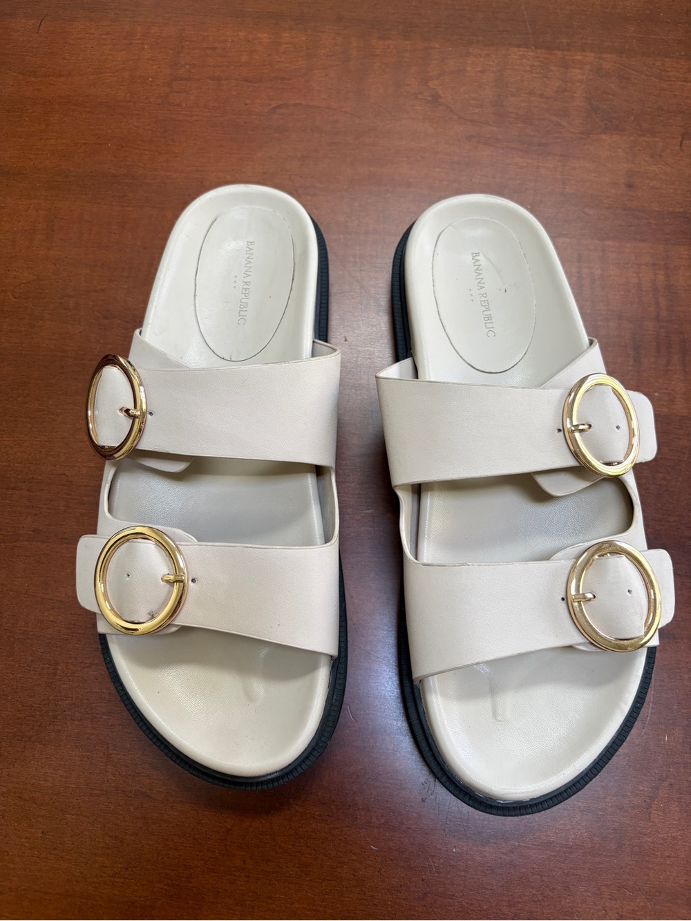 Banana Republic Cream Double Buckle Slide Sandals with Gold Accents